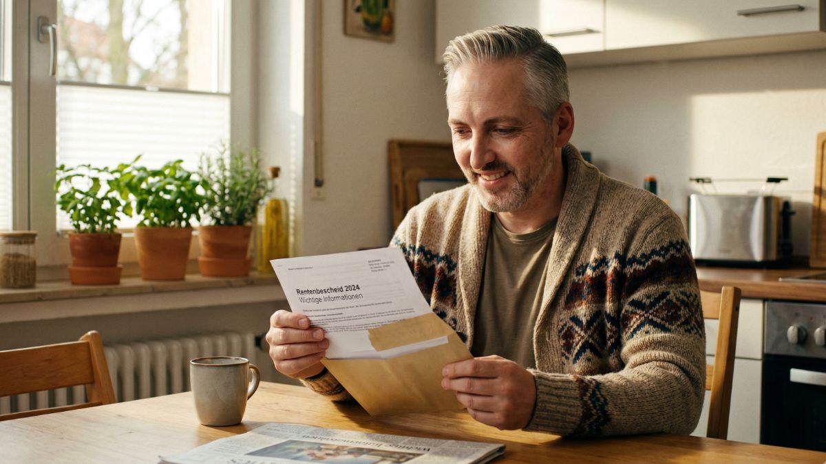 Rentner hält einen Briefumschlag mit seiner bAV-Auszahlung in den Händen	