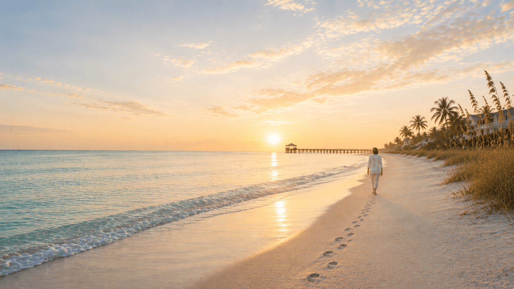 Kathy walking away along a Naples beach at sunrise with the pier on the horizon