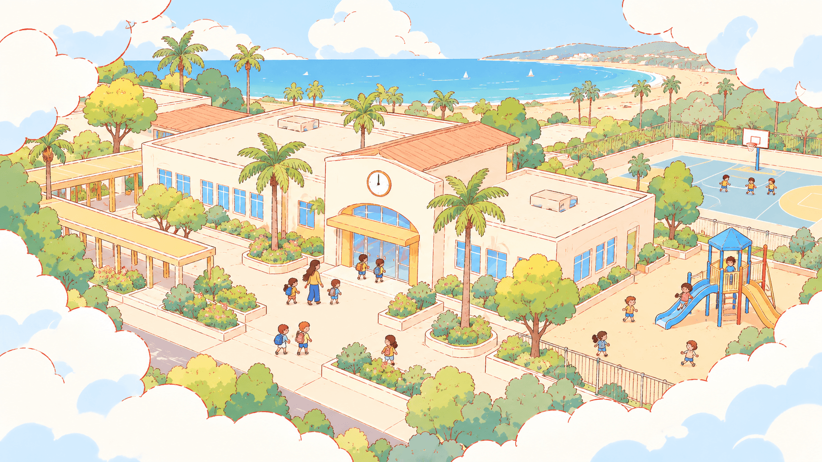 a child care center near the beach with children playing in the playground and also entering the building with adults