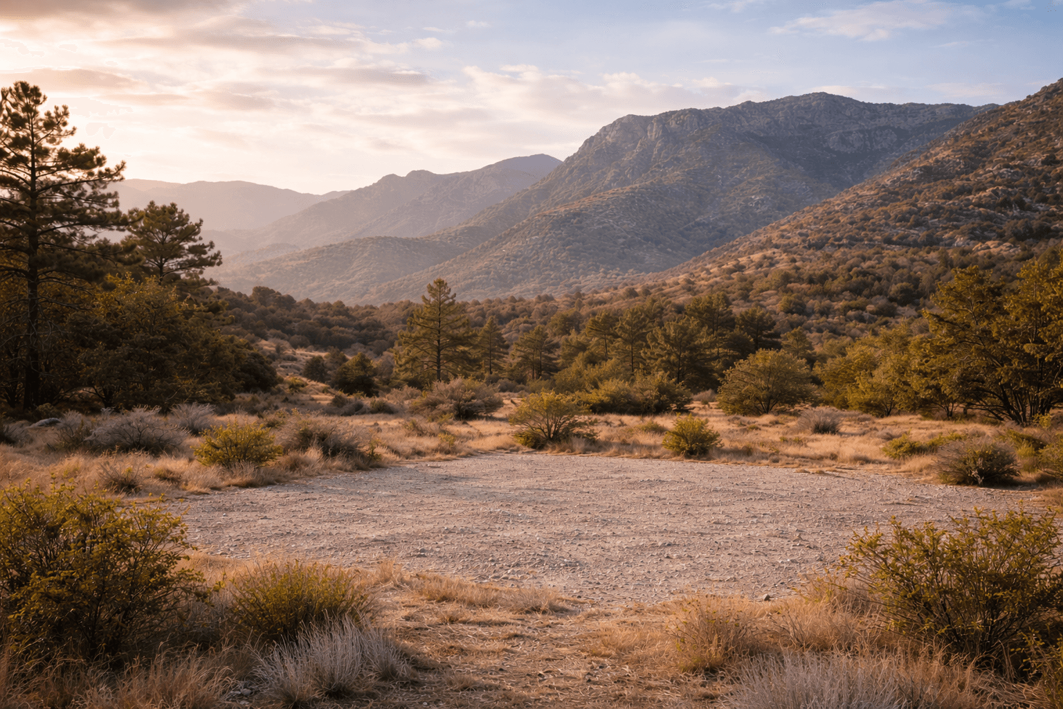 A remote, undeveloped landscape showing open land with surrounding trees and mountains, representing a potential off-grid installation site for a modular structure.