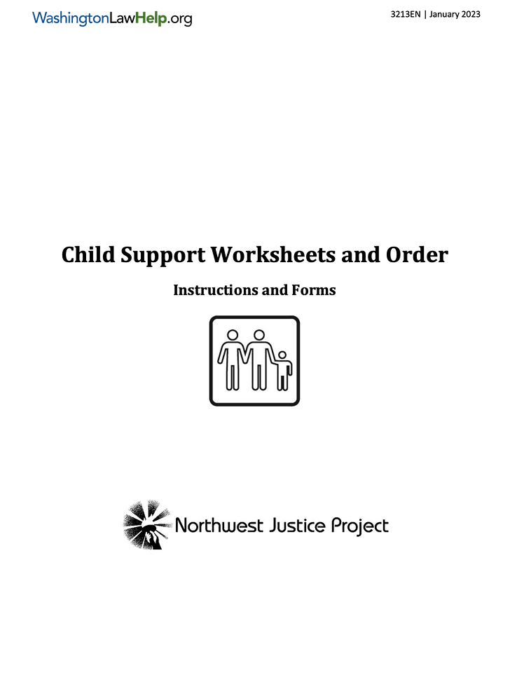 The "family" icon is shown on a publication titled, "Child Support Worksheets and Order"