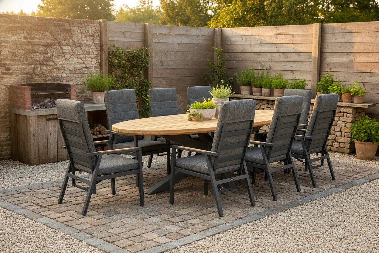 Round wooden garden table from Santika Diogo, perfect for outdoor settings.