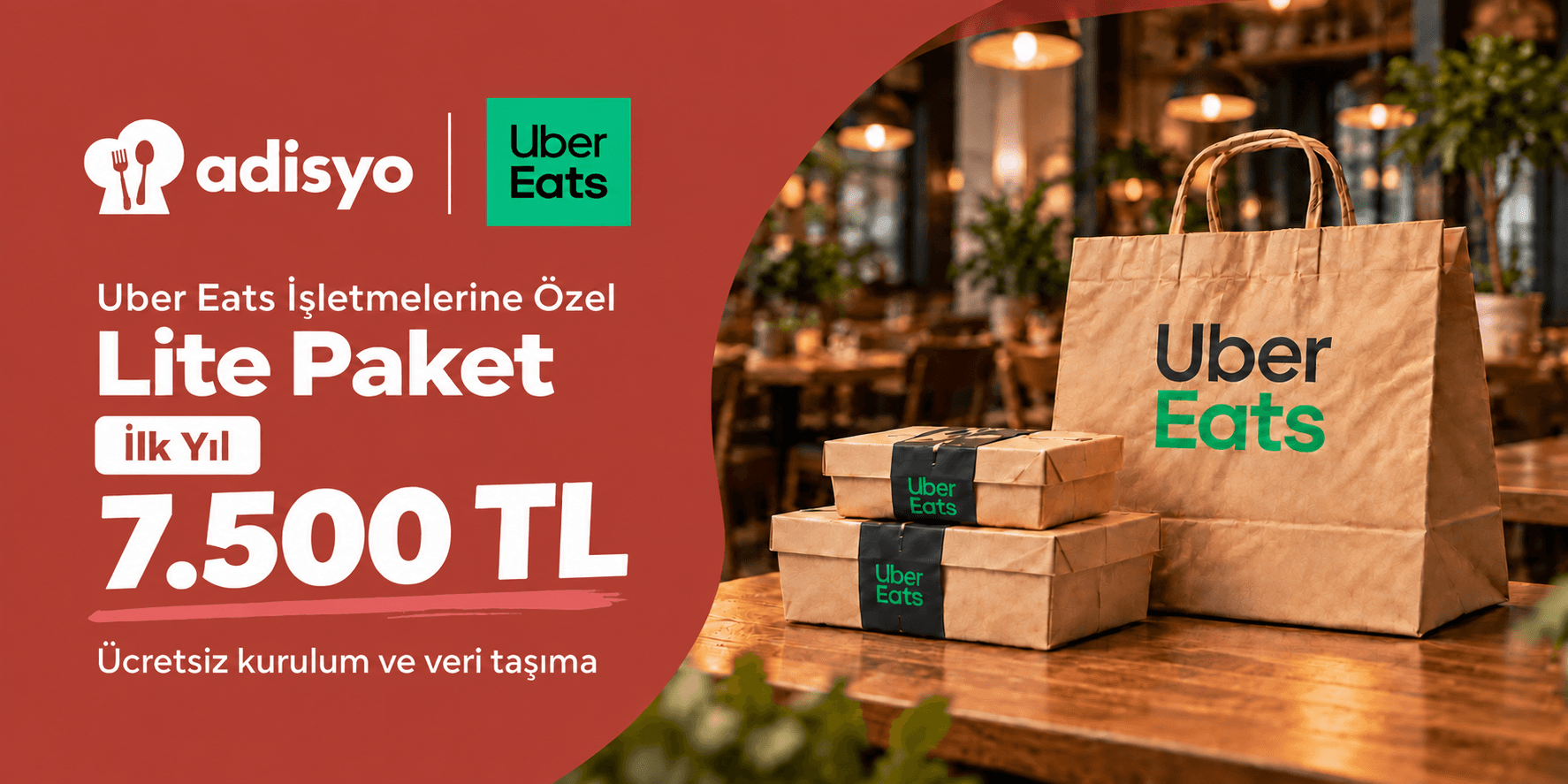 Adisyo ve Uber Eats kampanyası: Uber Eats işletmelerine özel Lite Paket ilk yıl 7.500 TL, ücretsiz kurulum ve veri taşıma