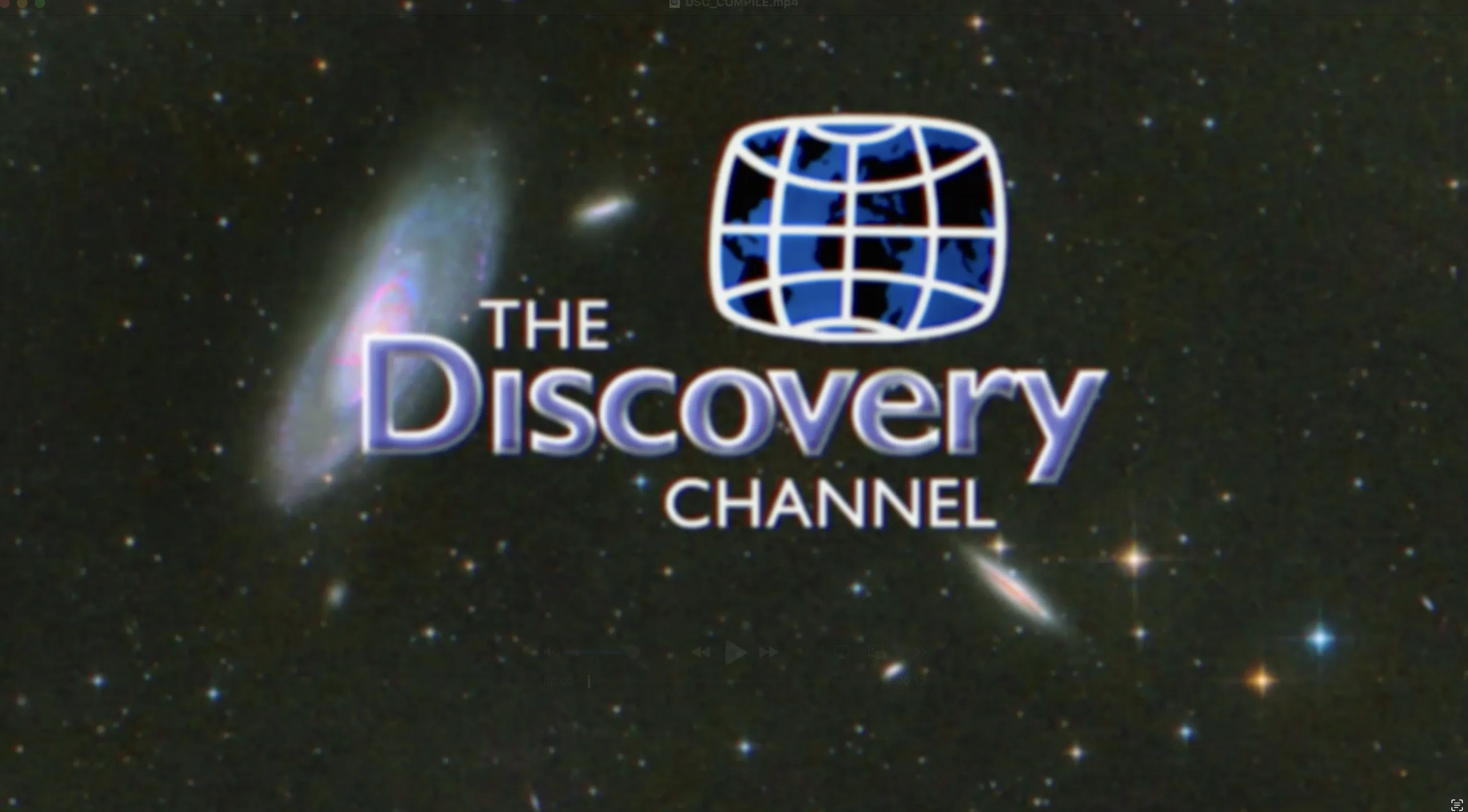 Discovery Channel logo over a starfield background. Blue and white globe icon in a grid pattern with serif wordmark reading The Discovery Channel.