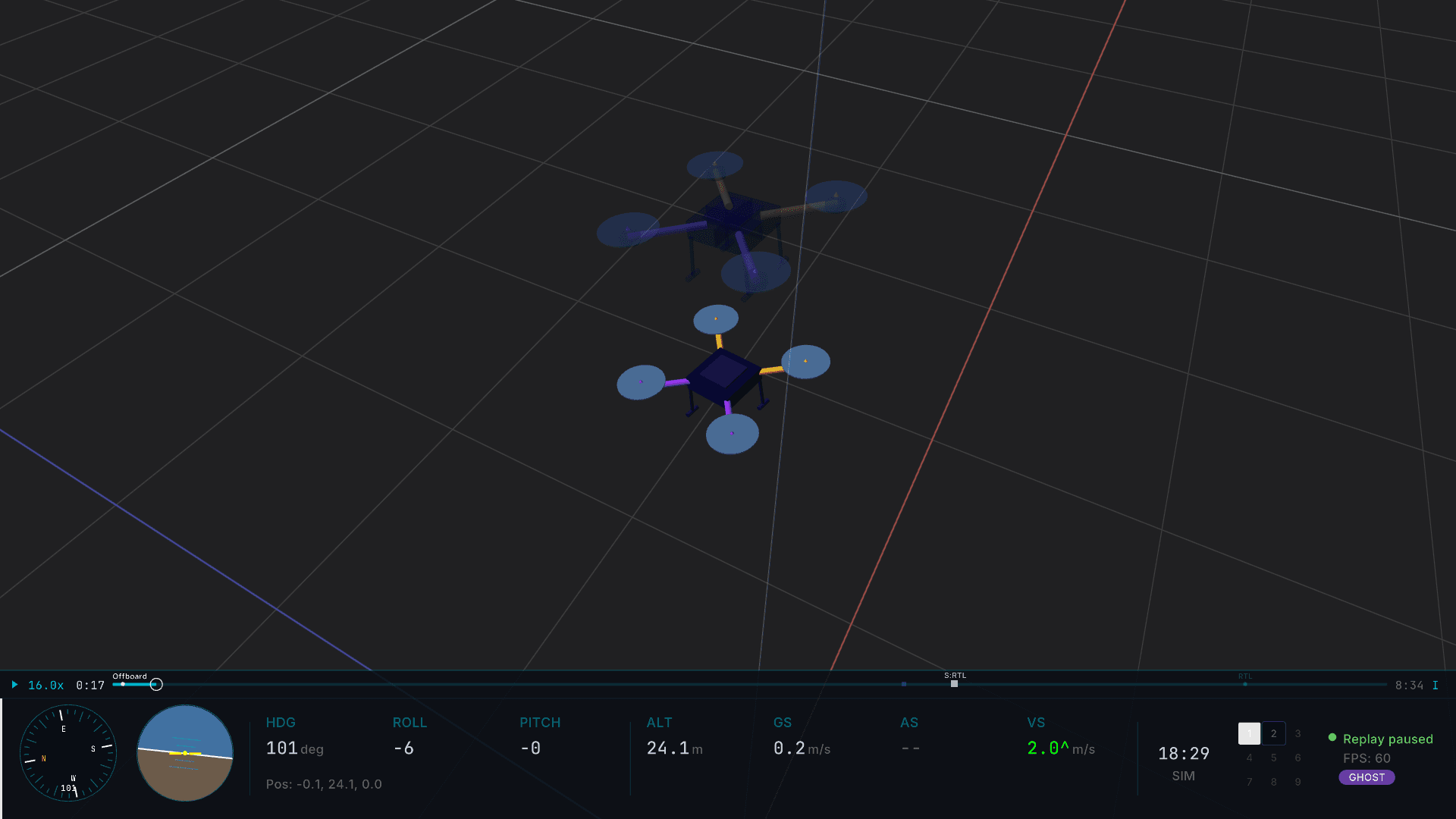 Ghost mode: non-primary drones rendered at reduced opacity with a color tint, all from one launch point