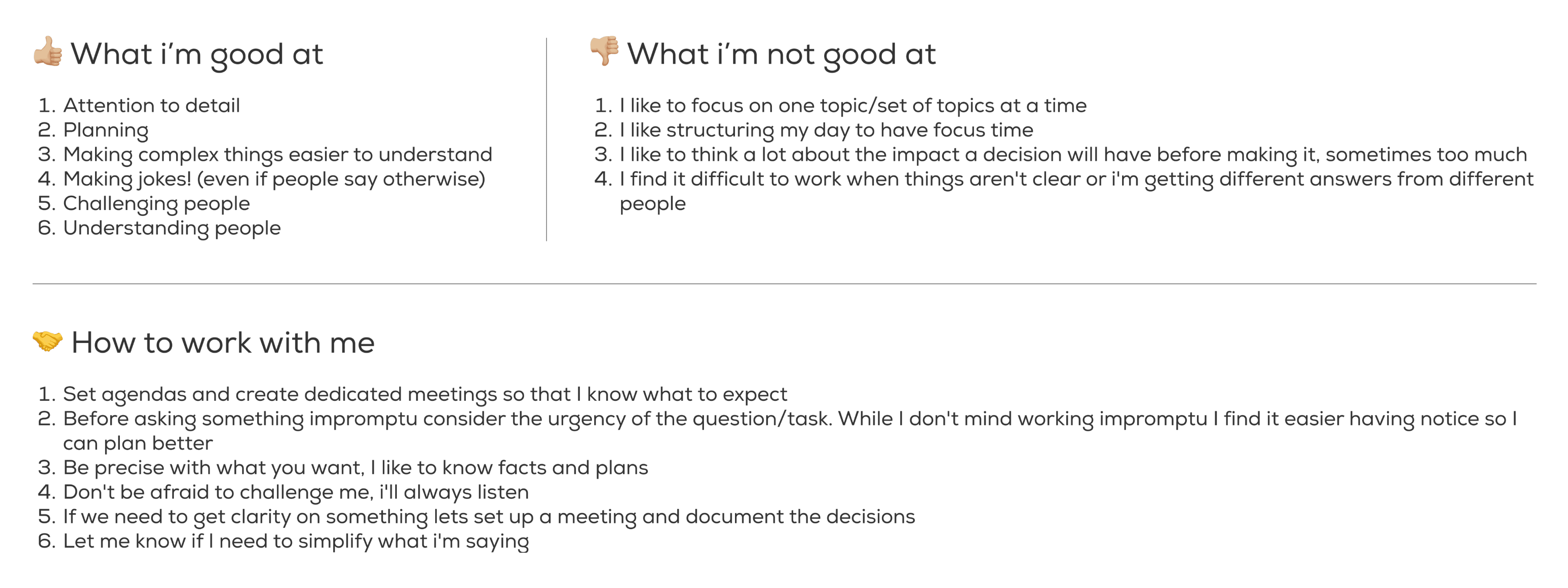 A document that shows what I'm good at, what I'm not good at, and how to work with me.