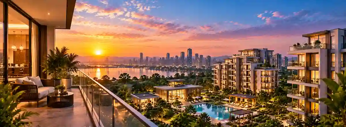 Modern apartment building at dusk with ocean view