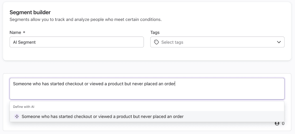 Segment-Builder in Klaviyo, in dem Segments AI eine Zielgruppe aus einer Beschreibung in Alltagssprache erstellt
