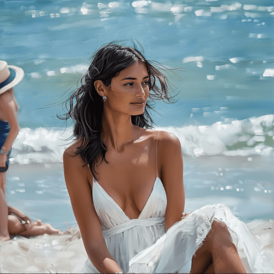 Woman in a white dress sitting on a beach with the ocean in the background.