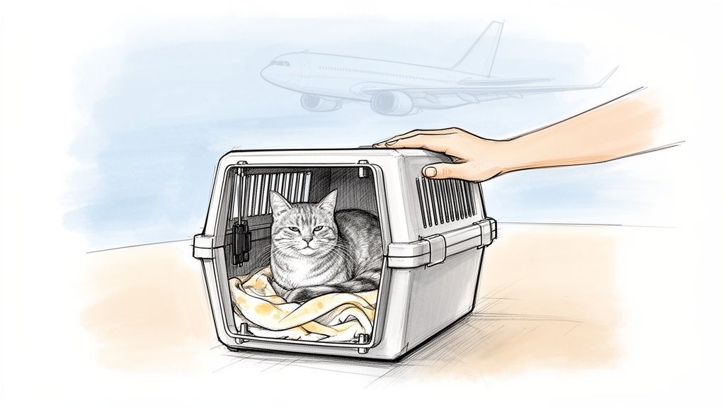 A domestic cat rests comfortably in a pet travel carrier, with a human hand gently placed on it, and an airplane in the background.