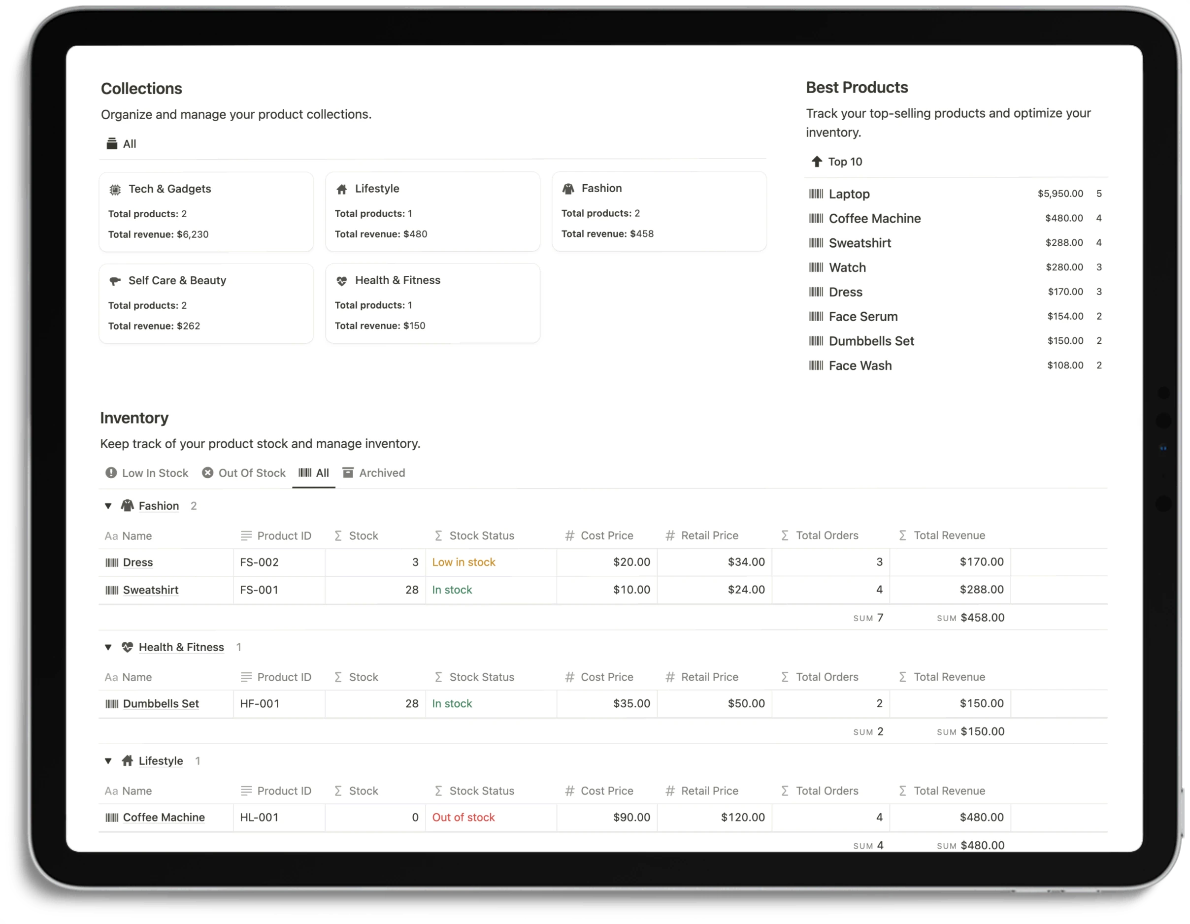 Notion E-Commerce Hub - Feature Inventory