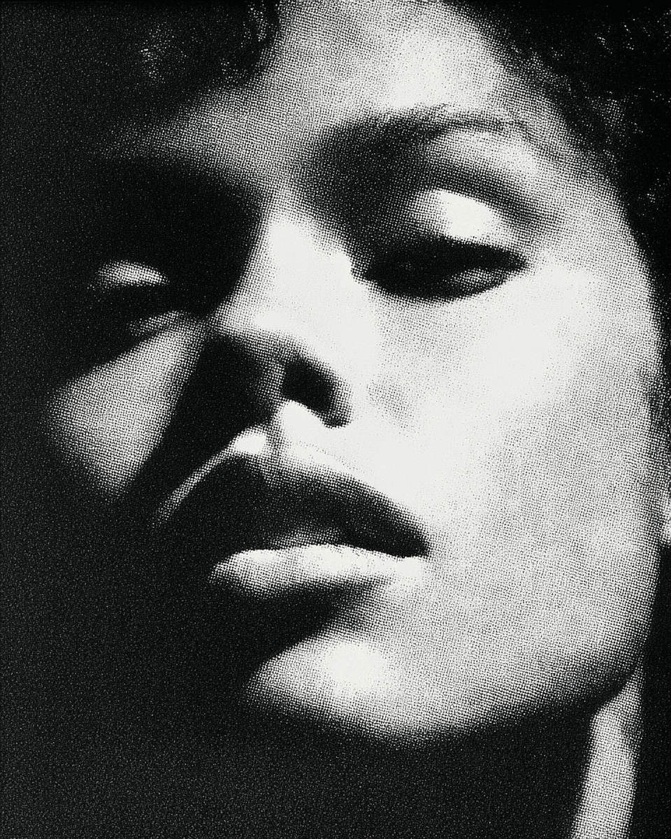 Aventi Studio Portraiture: Extreme close-up of a fashion model with stoic expression. Top-down dramatic lighting casts deep architectural shadows around the eyes. High-fidelity skin texture rendering without smoothing, showcasing the 'imperfection' capability of Aventi's Midjourney v7 workflow.