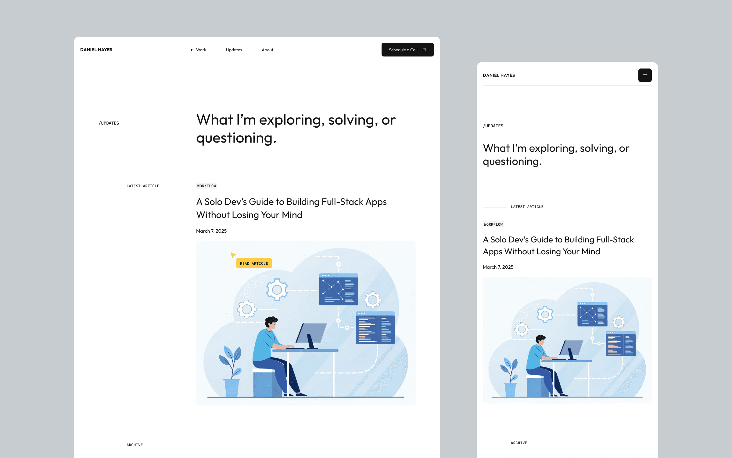 Updates page with featured article, illustration, and mobile preview.