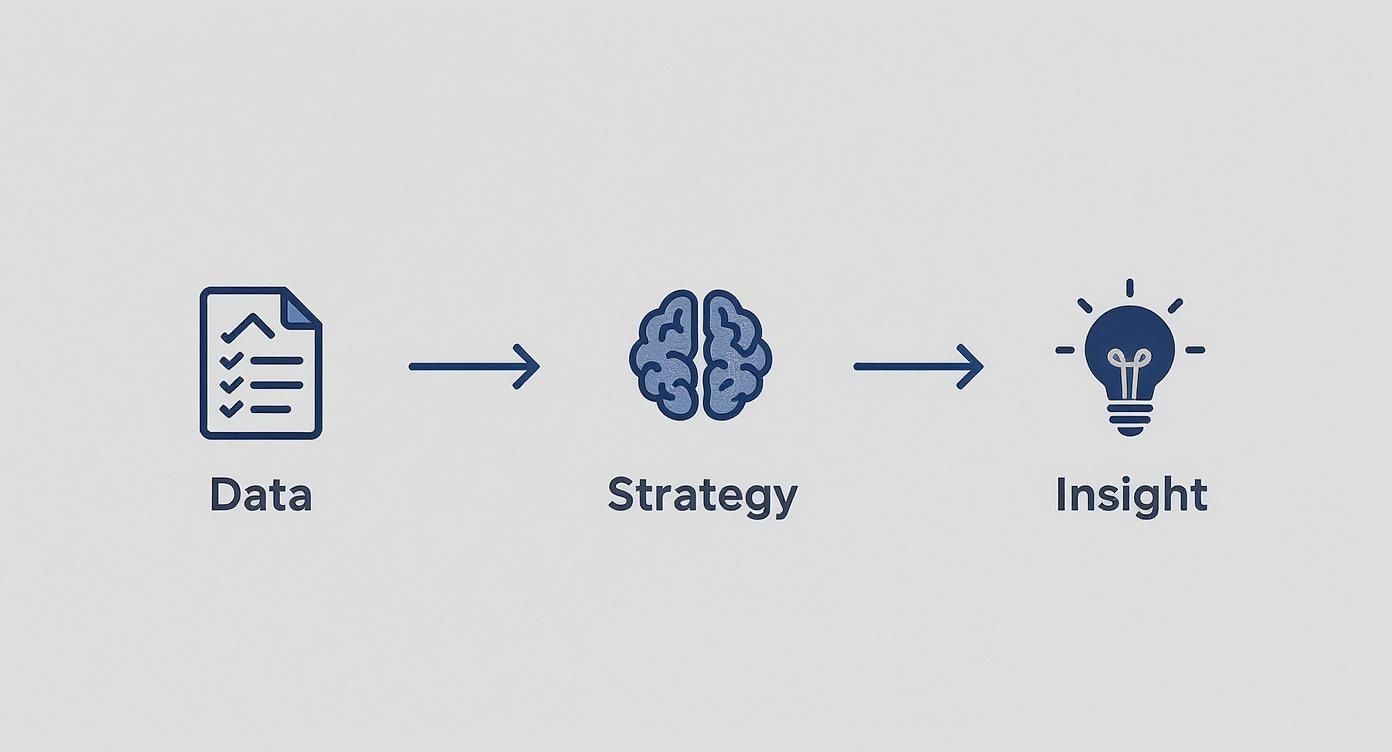 A visual flow diagram showing data leading to strategy, which then leads to insight, represented by icons.