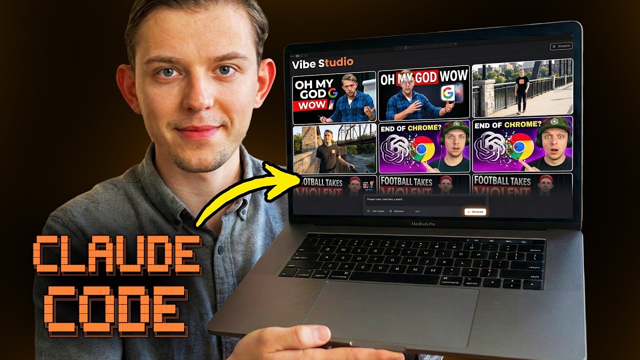 Riley Brown AI-style app build thumbnail with creator holding laptop and AI dashboard