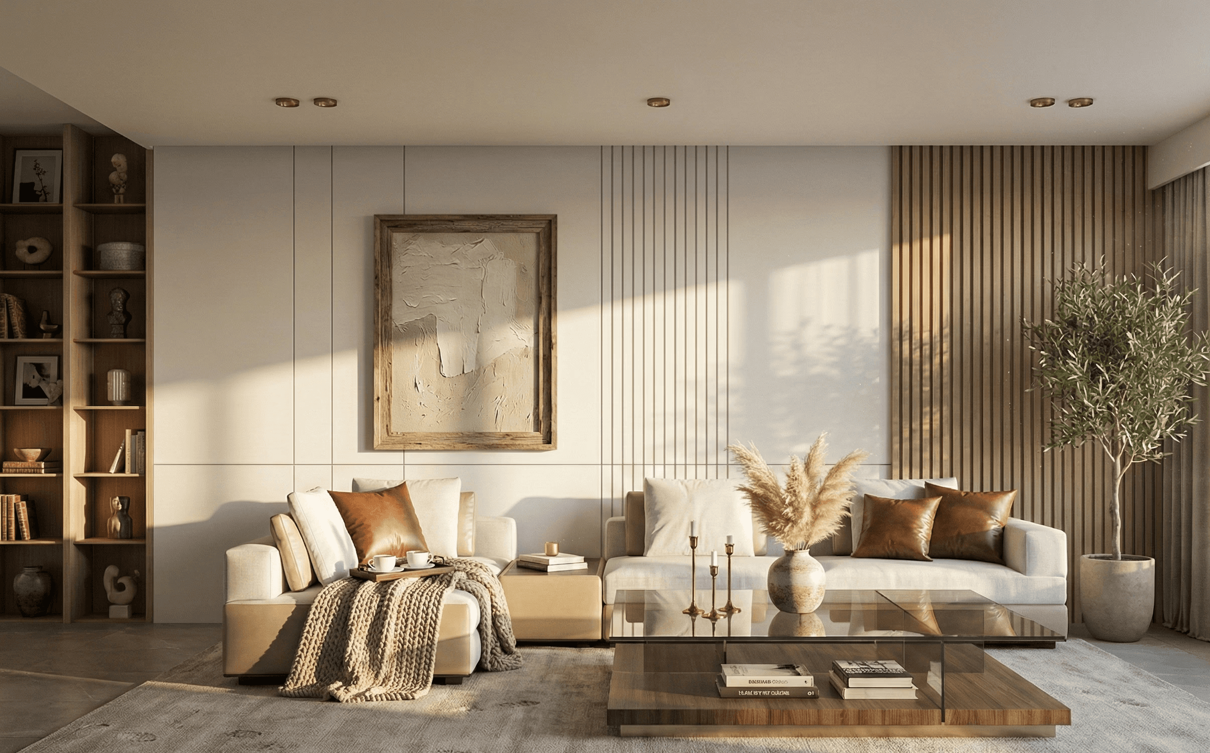 A living room with a white couch and a table