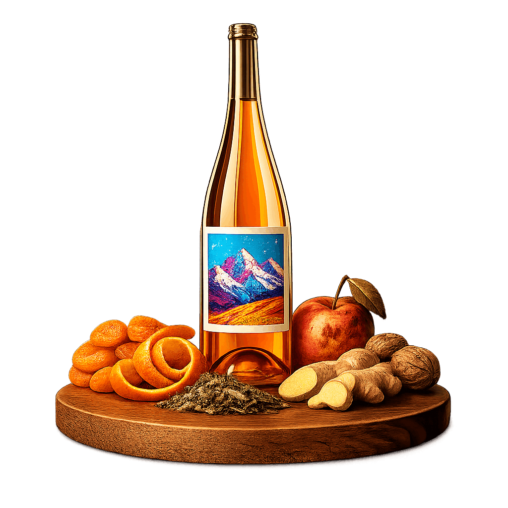Artistic label and flavor profile for Jura Orange Wine on a rustic wooden table.