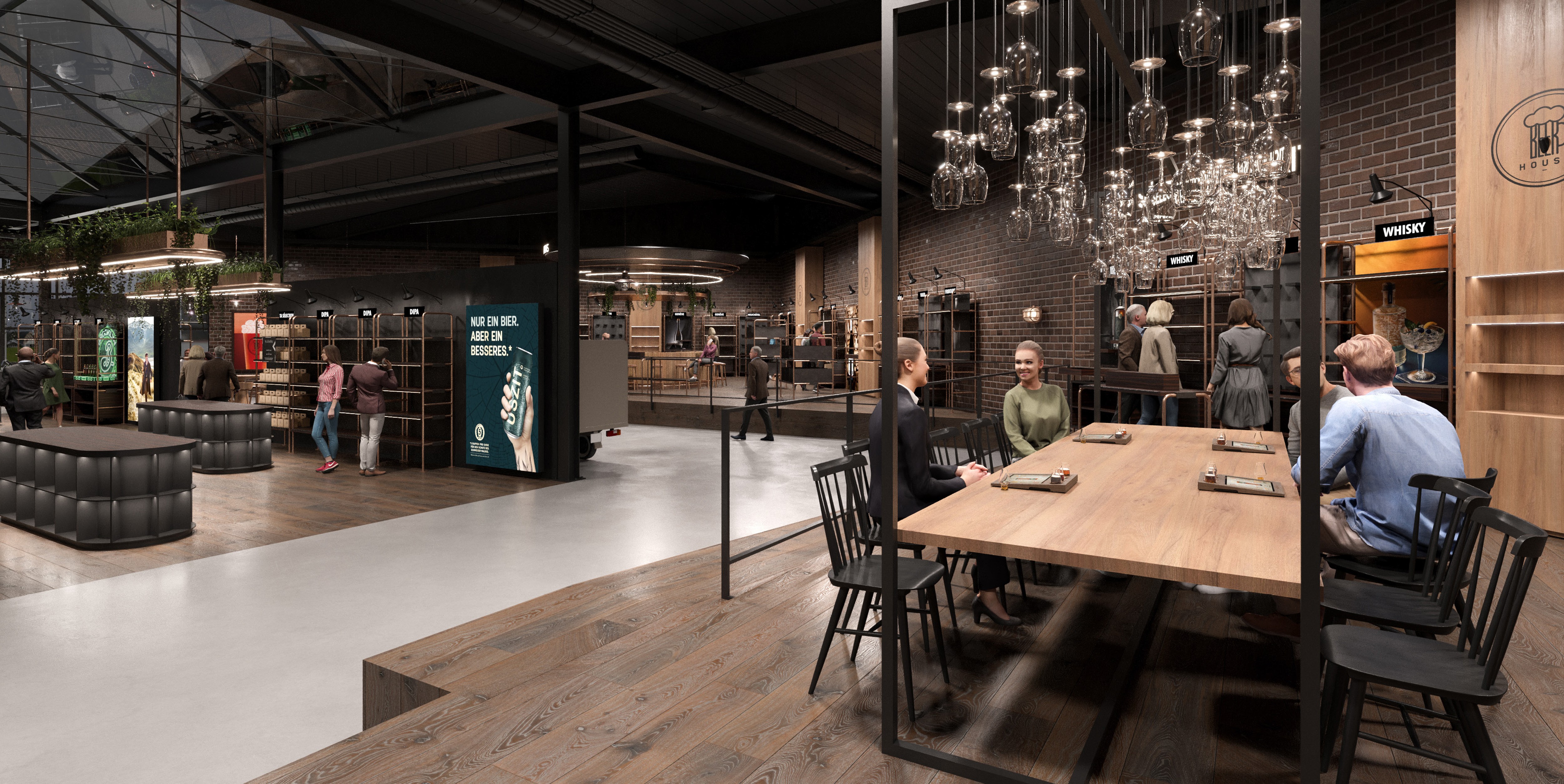 Big table wine testing in Switzerland  for Beer store design retail and scenography concept and industrial area 