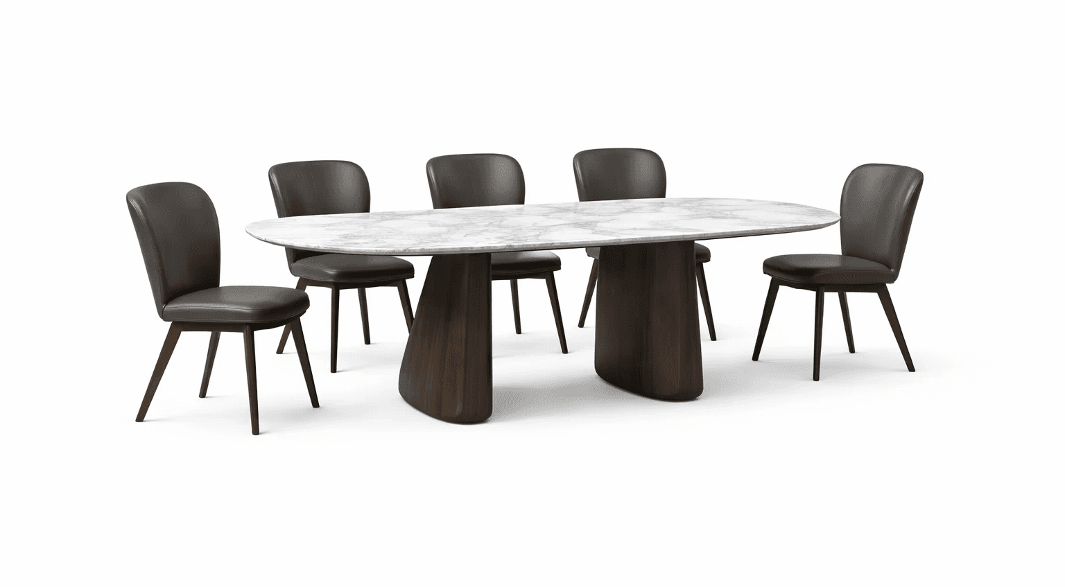 Stone‑top dining table with sculpted base, matched with sleek upholstered dining chairs