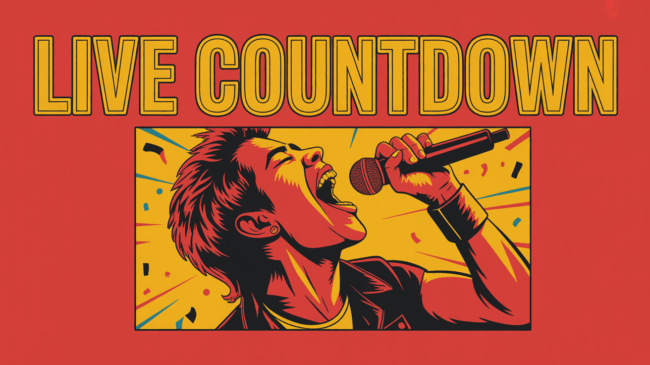 Live Countdown Music Thumbnail Template, featuring an electrified rock singer belting into a microphone with laser beams and confetti trails