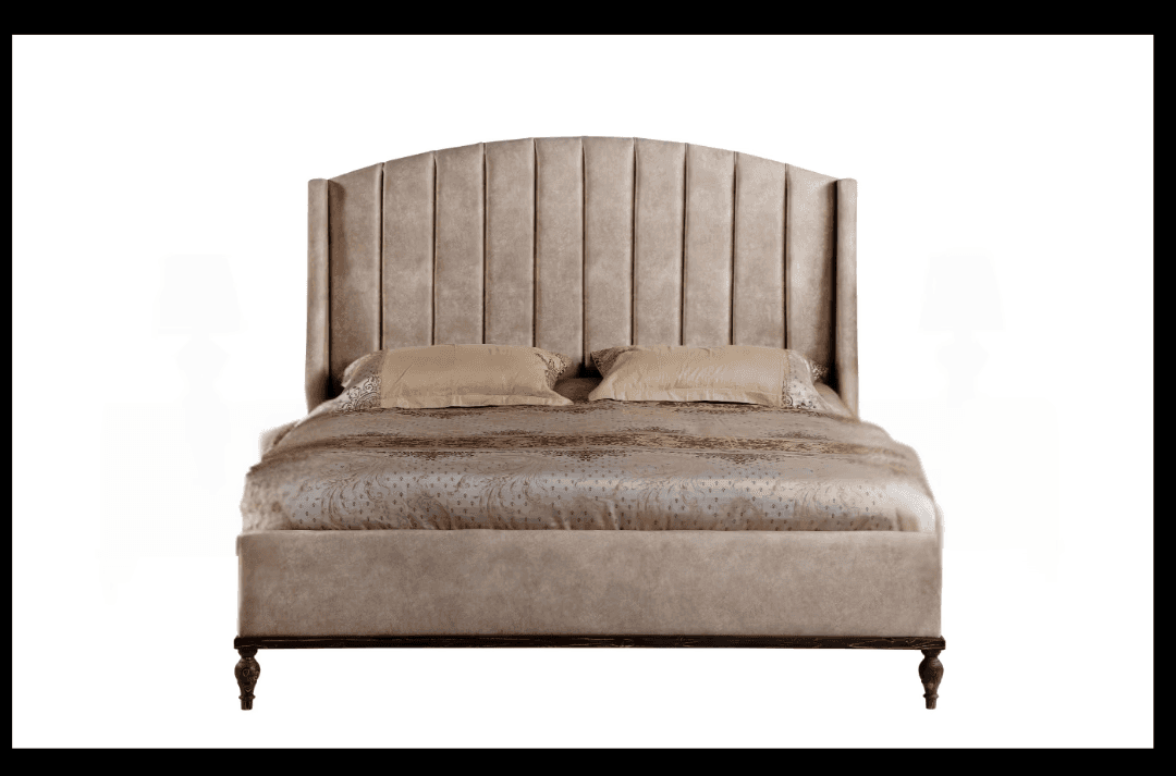 Neutral fluted headboard bed with turned wood legs.