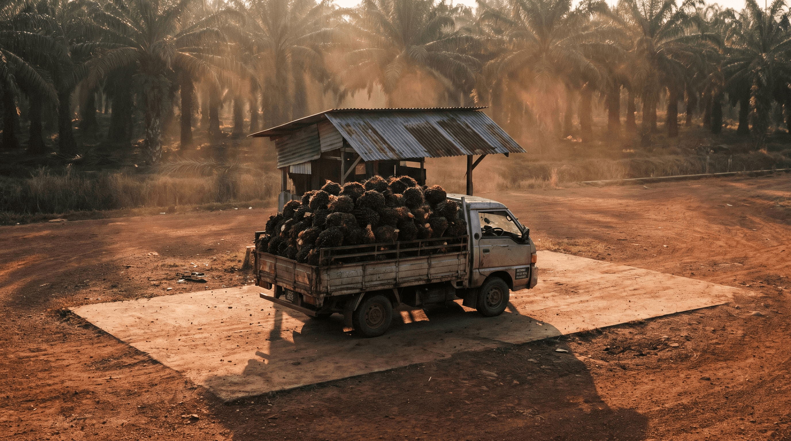 Palm fruit arriving at an estate weighbridge