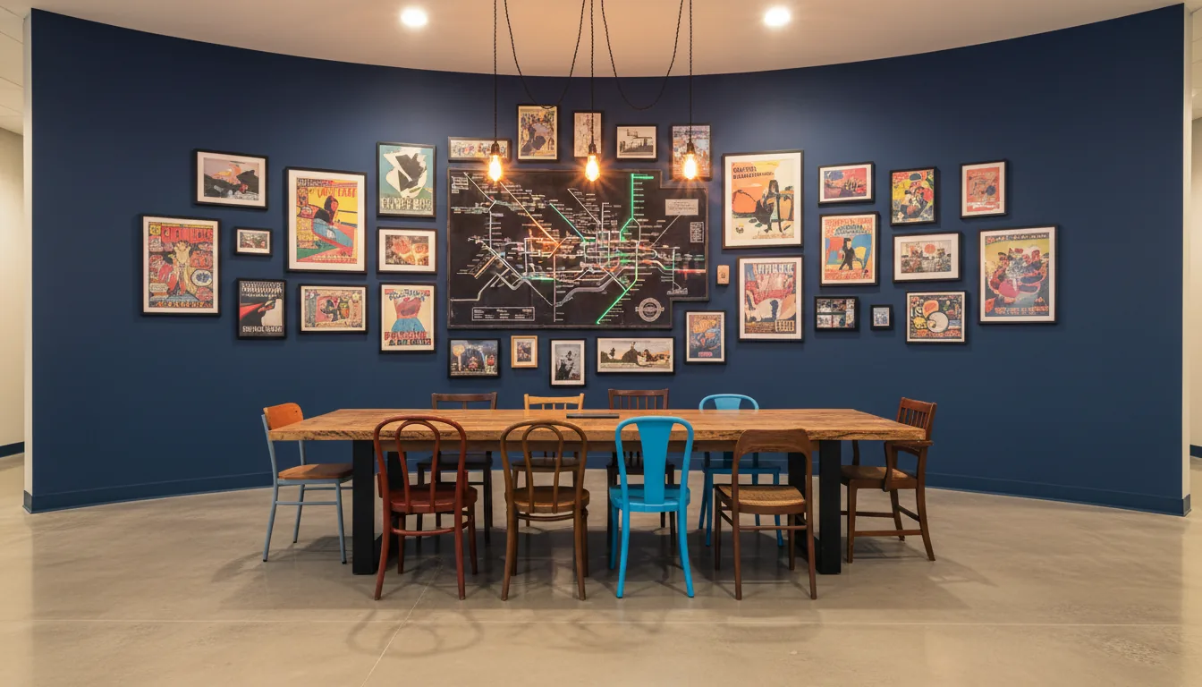 A wide-angle DSLR photograph of a modern, eclectic co-working lounge. The central feature is a long, rustic wooden communal table surrounded by a mismatched collection of chairs, including colorful metal and classic wood designs. Behind the table, a dramatic, matte navy-blue accent wall sweeps in a large curve. This wall is decorated with a dense gallery of framed art and pop-culture items, and a large, intricate, back-lit AutoCAD-designed city transit map with glowing colorful lines. A row of industrial pendant lights with exposed Edison bulbs hangs over the table. The scene is illuminated by warm ambient interior lighting, with a sharp focus throughout. The floor is made of polished light grey concrete tiles.
