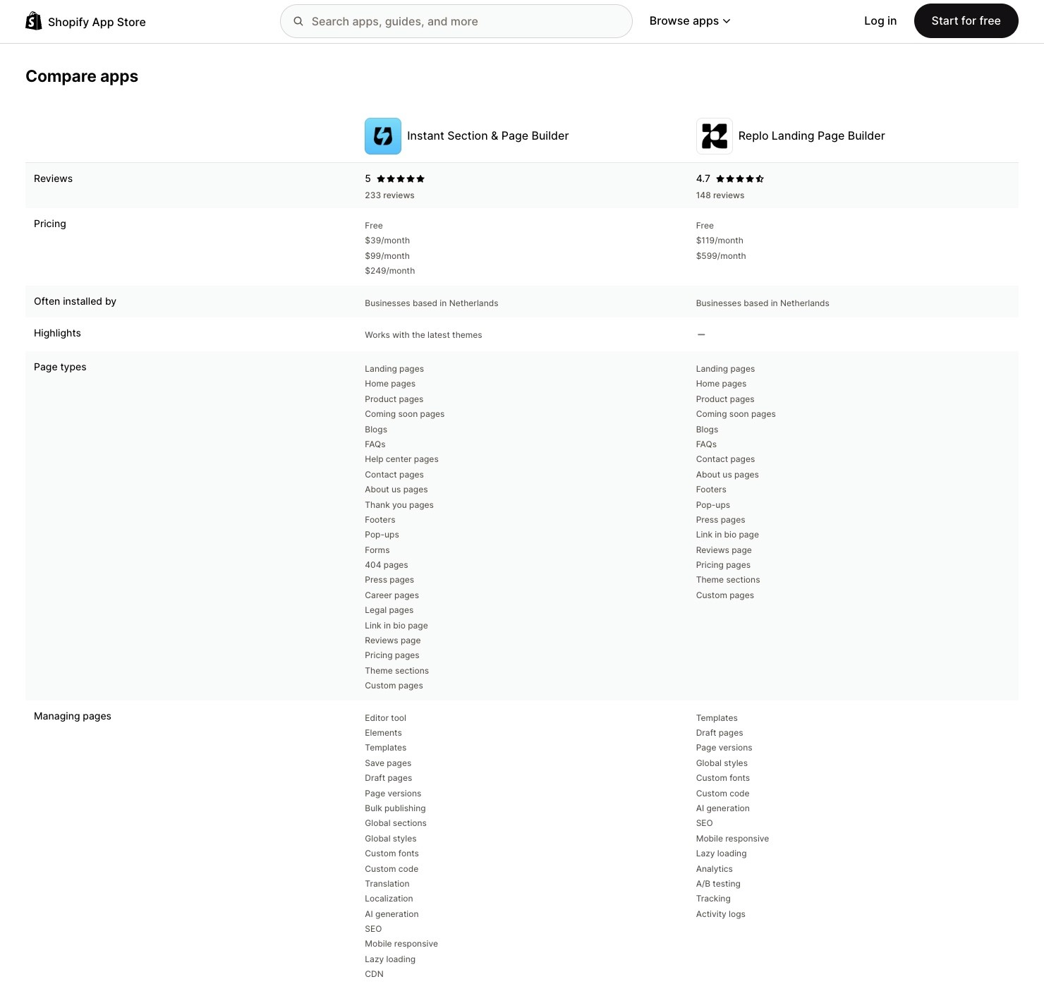 instant page builder compare with replo chart