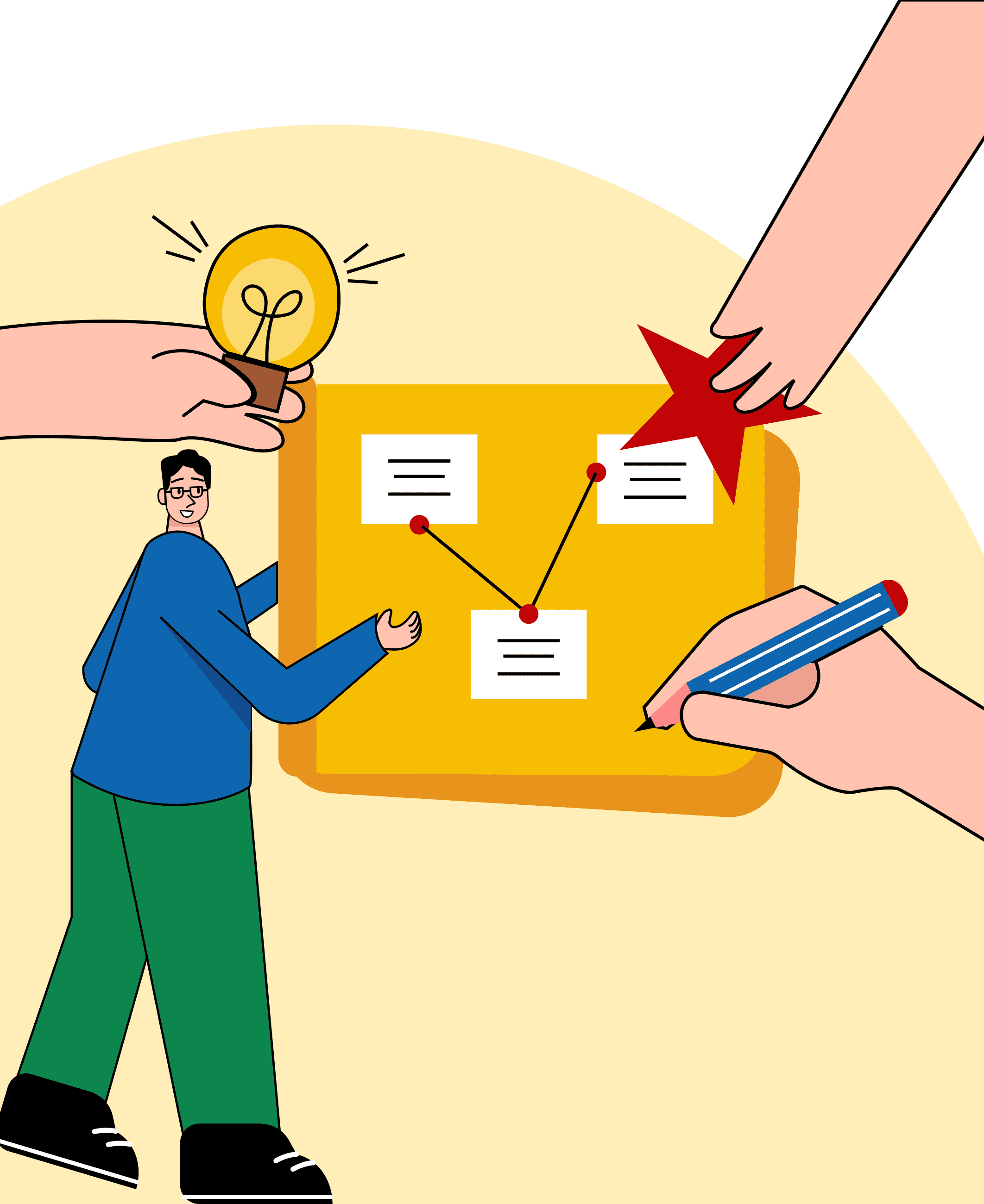 Illustration of a team connecting ideas and decisions, representing a lean approach for B2B startup growth.