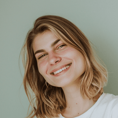 Blonde woman with shoulder-length hair, cheerful smile, clean background, outdoor services client