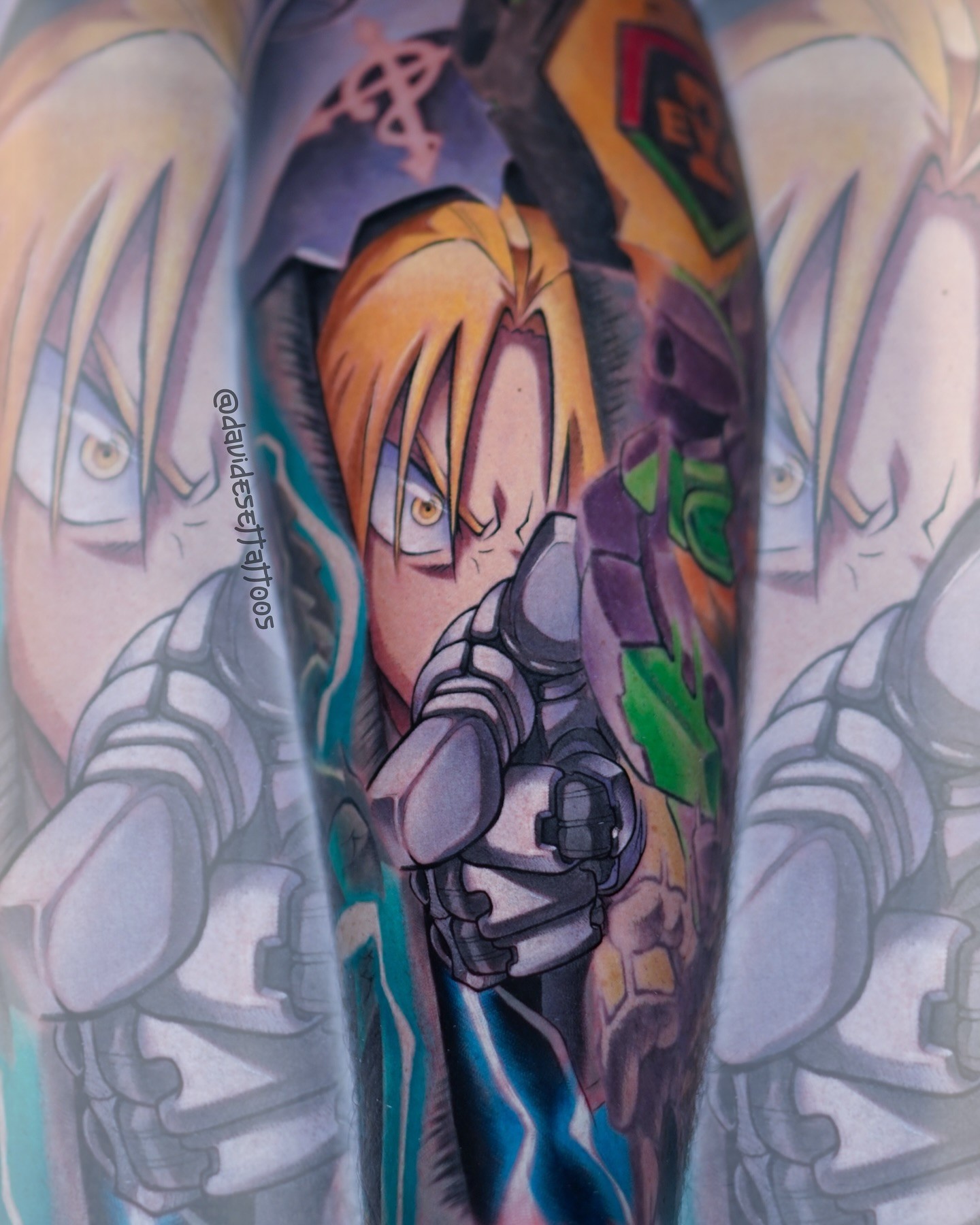 colorful anime tattoo of full metal alchemist brother hoods main character edward elric 