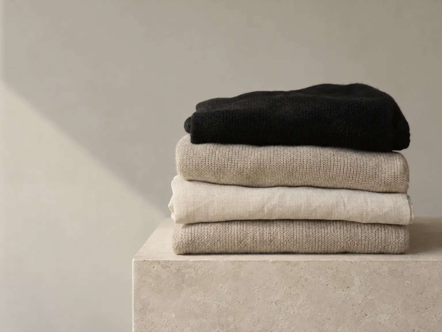 Folded oat linen garments on a stone plinth with one black piece on top