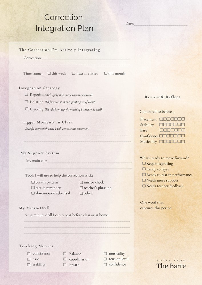 Printable Correction Integration Plan page for applying ballet corrections consistently