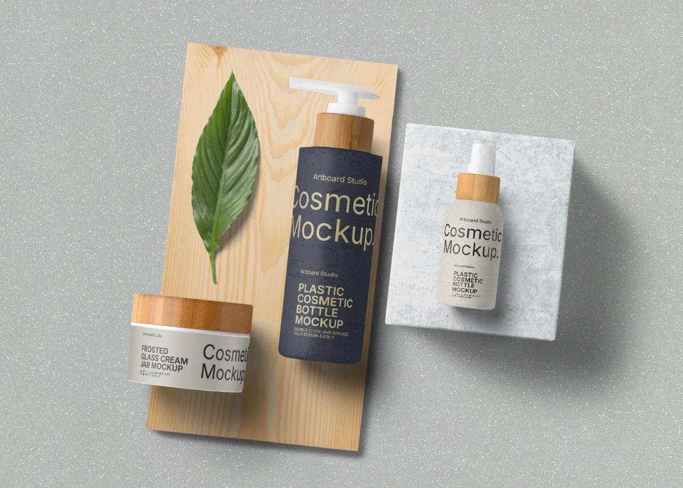 Cosmetic mockup with jar and bottles