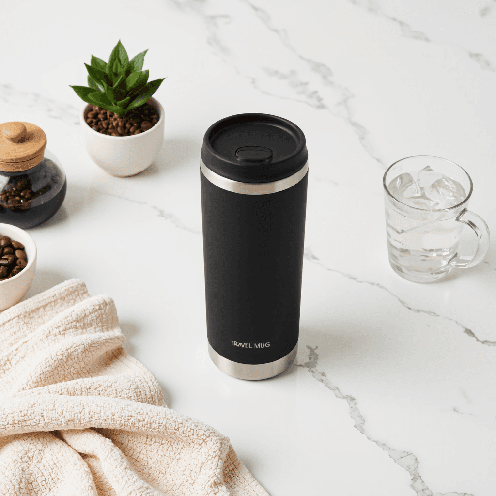 product photography of travel mug