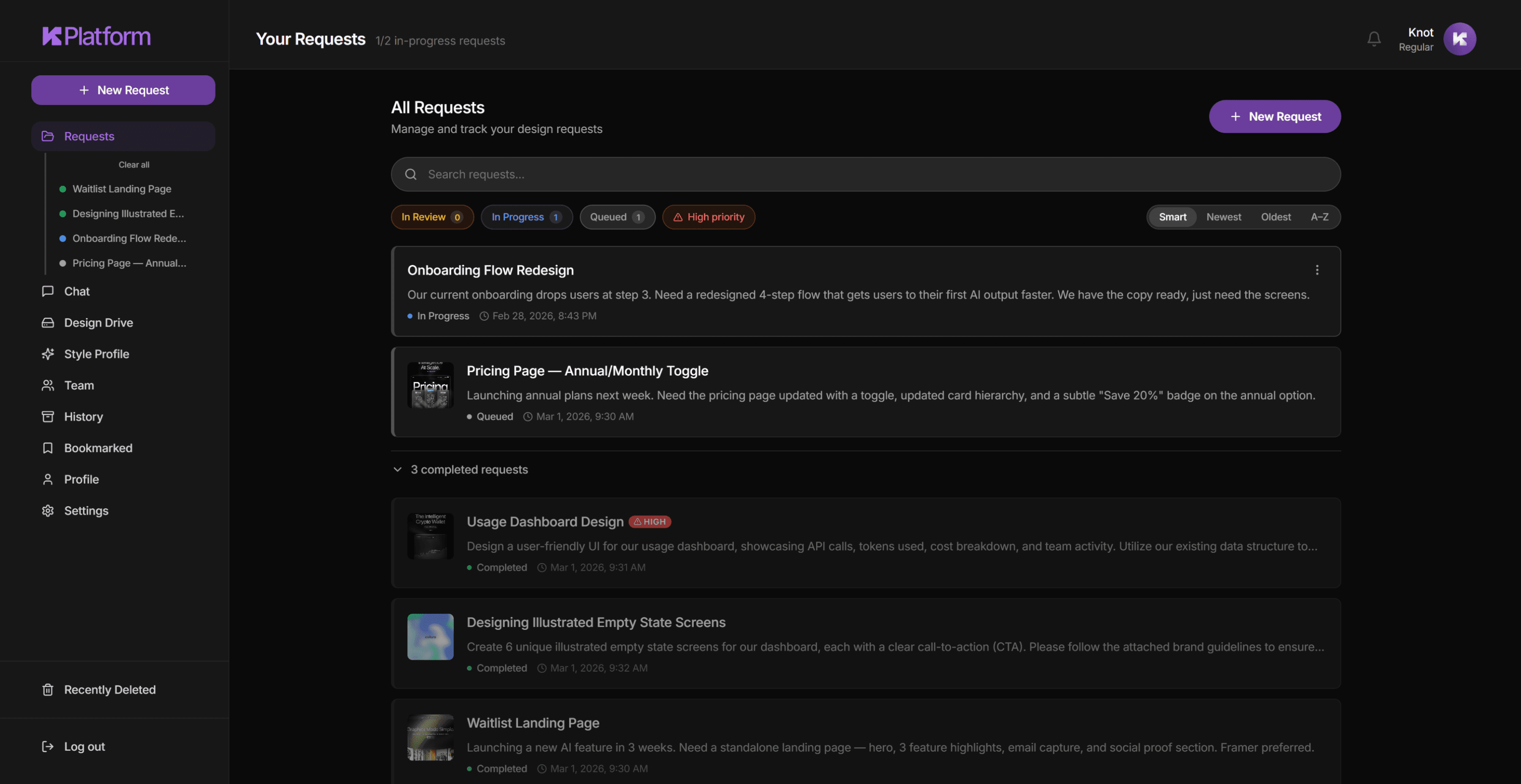 Knot Platform dashboard showing active design requests including an onboarding flow redesign and pricing page update, with request status filters for in-review, in-progress, and queued — design subscription software for startups