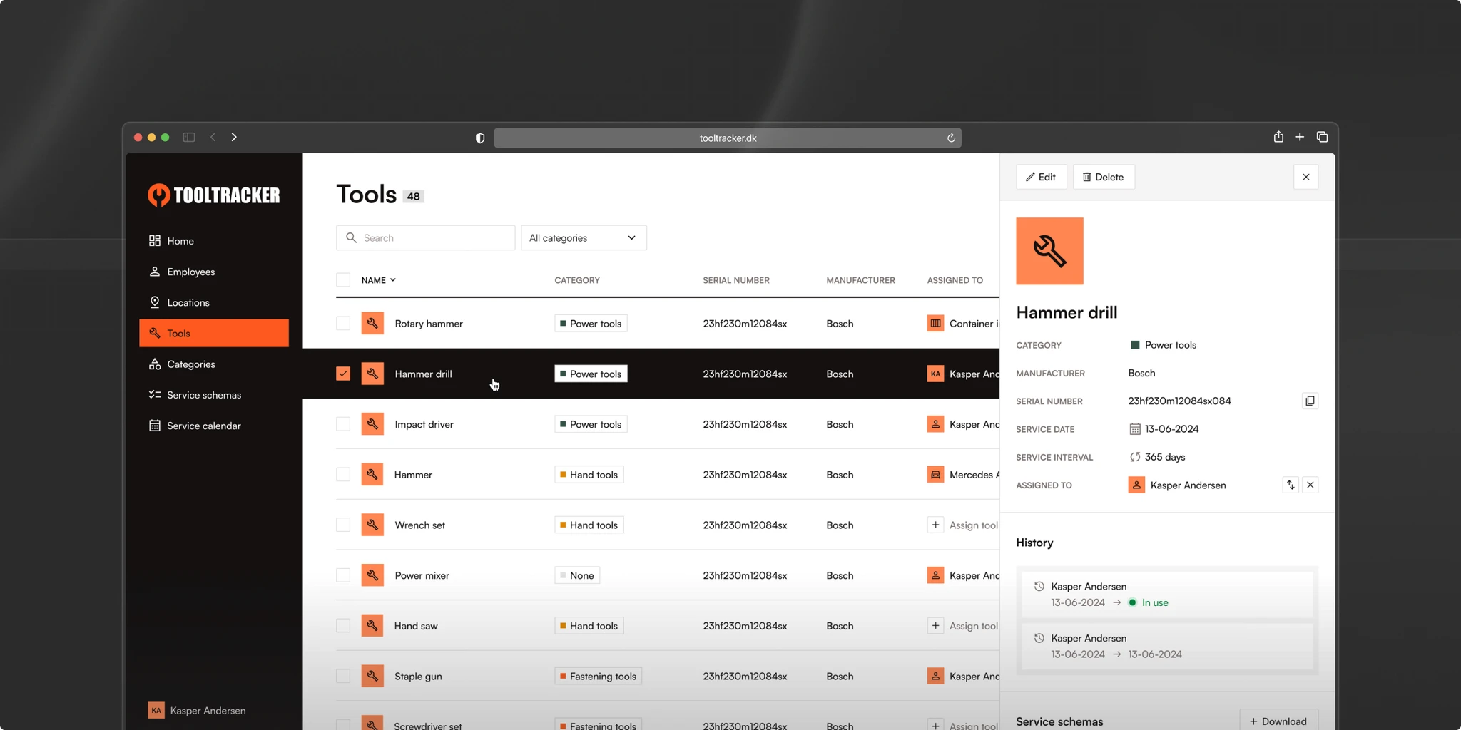 Interface of the ToolTracker platform displaying a searchable list of tools categorized by type, with details like serial number and service date in a dark-themed layout.