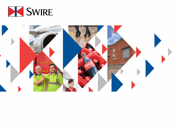 Swire banner with red and blue arrows or triangles on top of various images.