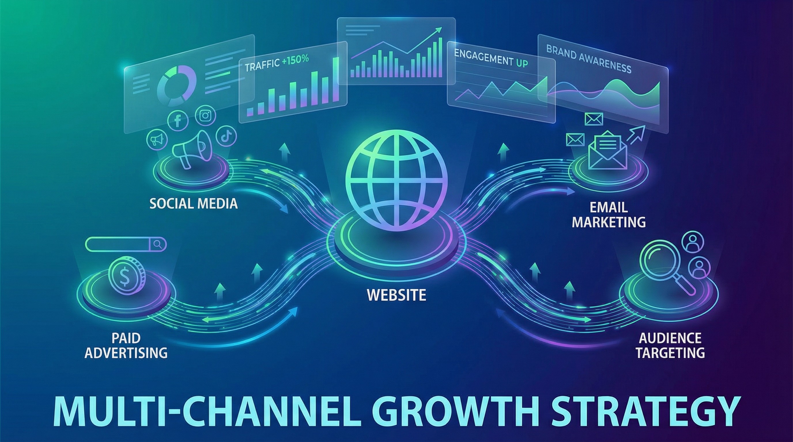 Online marketing strategy showing website traffic growth and multi-channel digital campaigns.