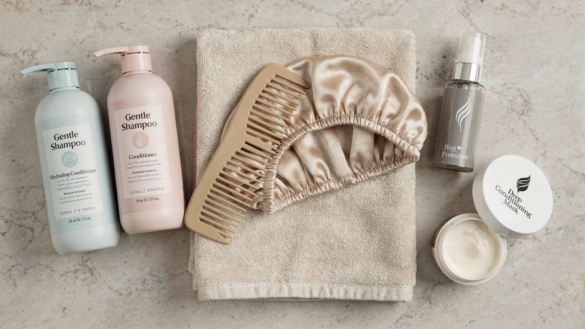 A simple hair-care flat lay showing a gentle shampoo bottle, conditioner, wide-tooth comb, microfiber towel, satin bonnet, heat protectant spray, and a small jar labeled deep conditioning mask arranged neatly on a bathroom counter.