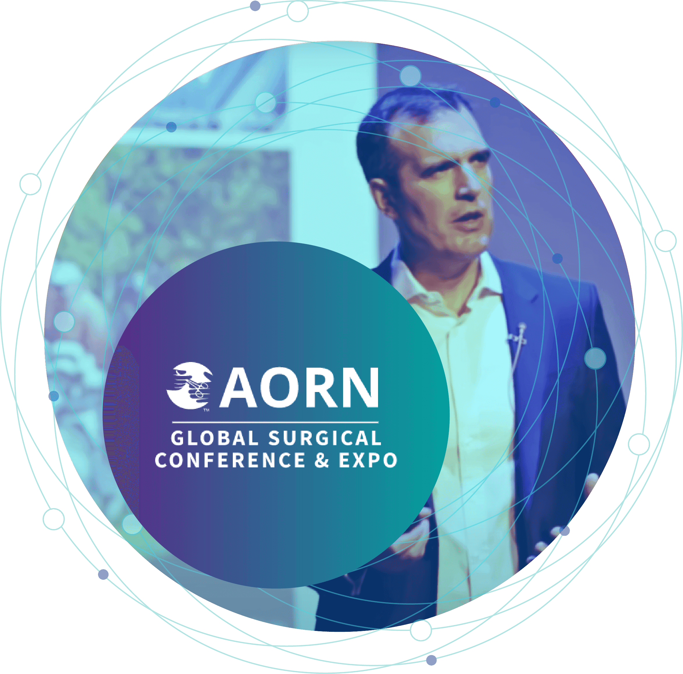 Teodor Grantcharov speaking on a stage with the AORN logo in the foreground.