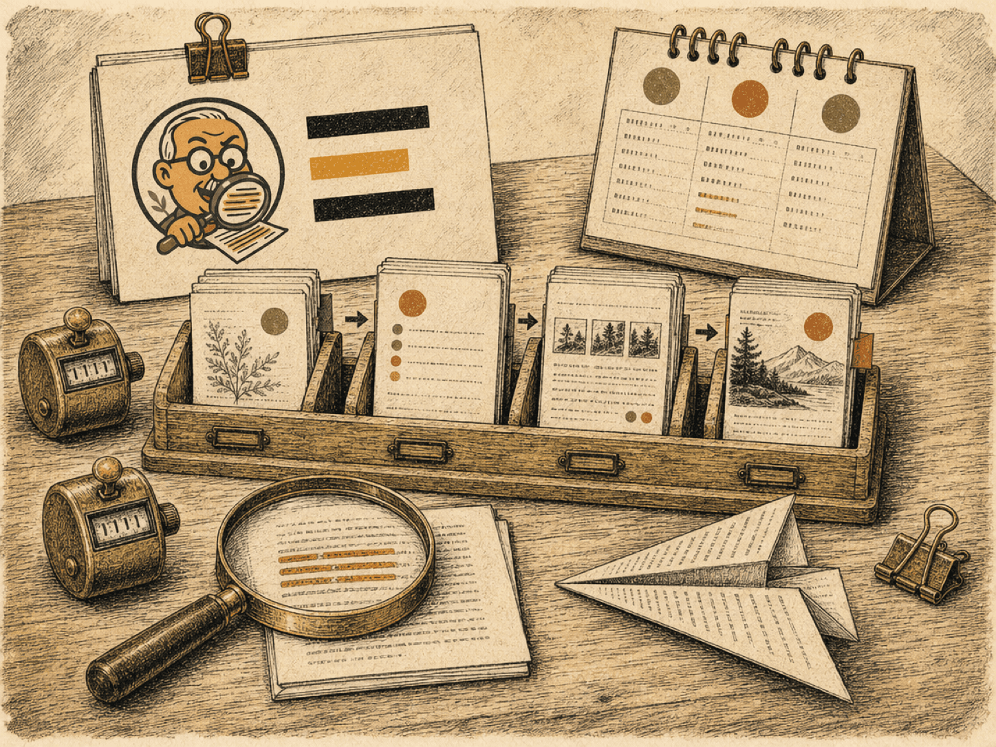 Hand-drawn index-card machine for Jason Reichl content