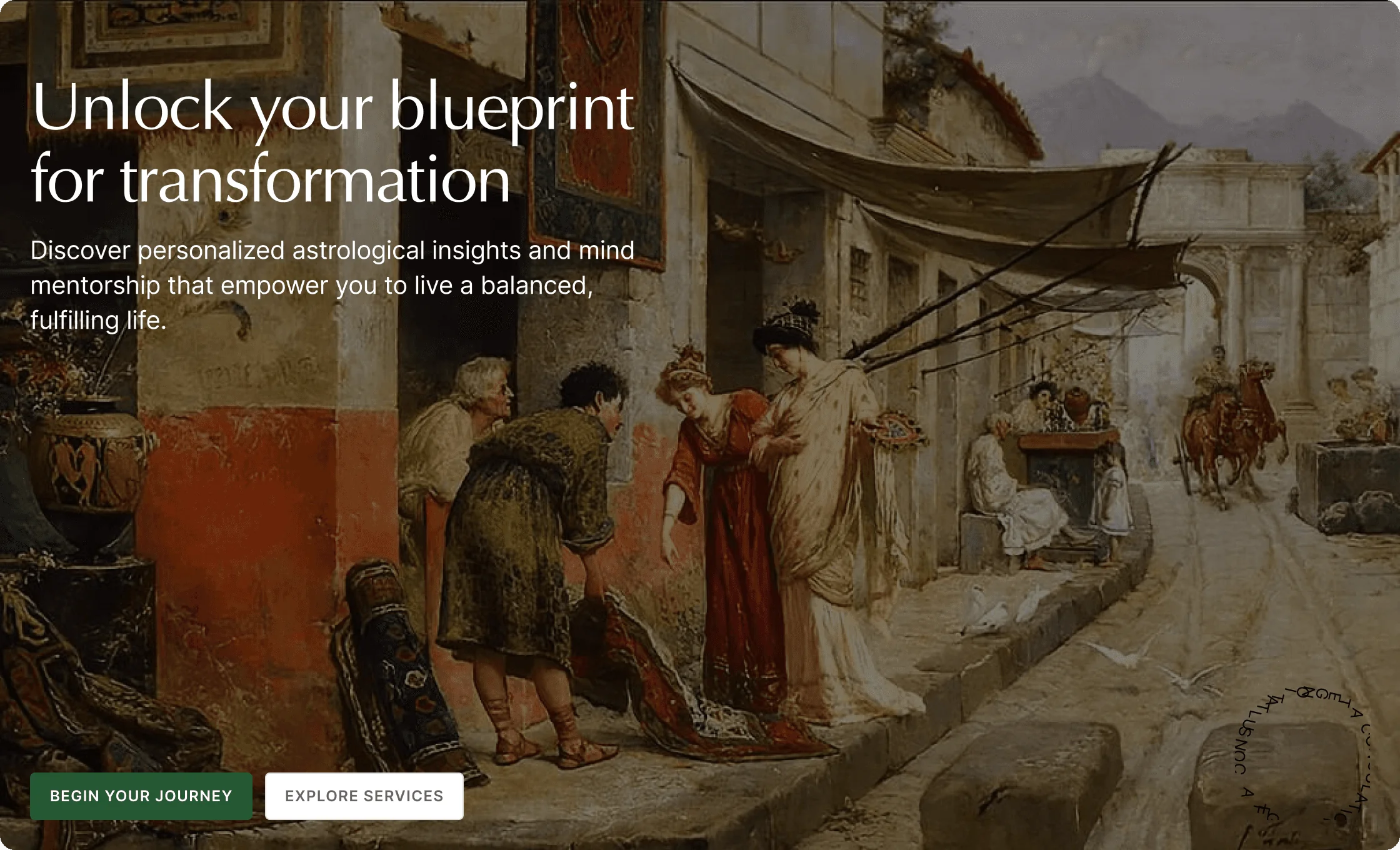 A historical scene depicting people in traditional attire outside buildings, with a banner overlay for navigation.