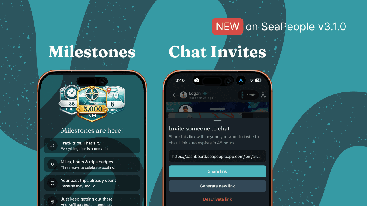SeaPeople v3.1.0 announcement featuring new Milestones and Chat Invites
