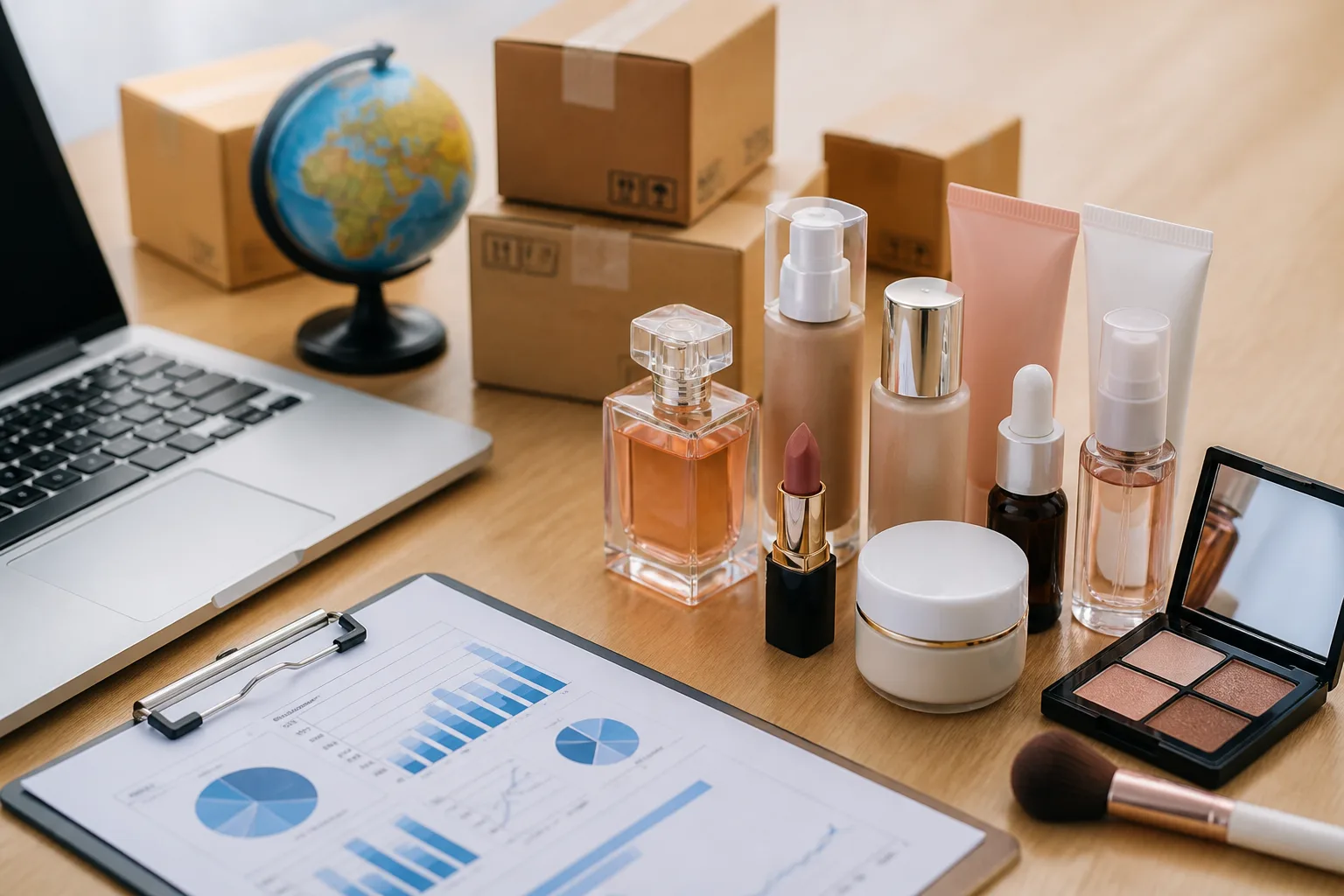 Cosmetics Trading Company Setup in Dubai beside a Dubai trade license document and a modern