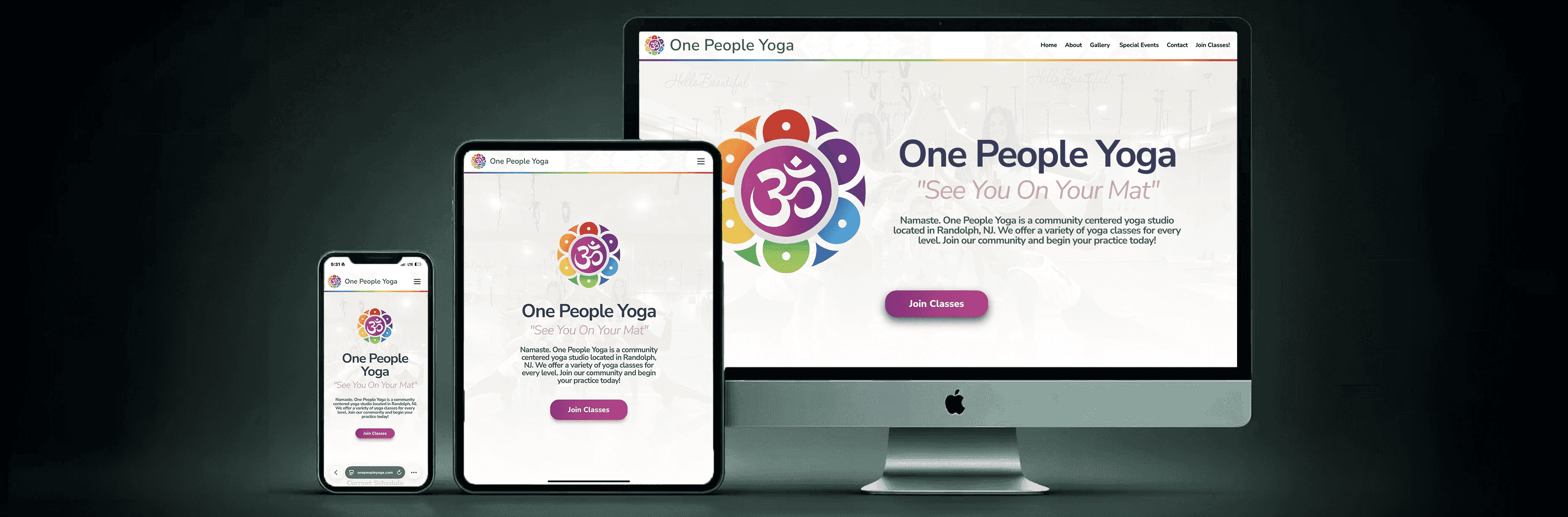Responsive yoga studio website design displayed on desktop tablet and mobile devices