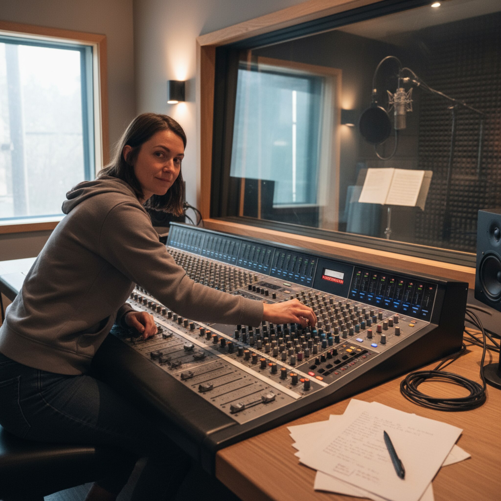 In der Regie beugt sich eine Tontechnikerin über das Mischpult und justiert fein die Fader. Rote Aufnahmebeleuchtung glimmt, während durch die Scheibe die Sprecherkabine zu sehen ist. Notizen liegen ordentlich bereit, Kabel sind sauber geführt. Es wirkt ruhig, präzise und aufnahmebereit.