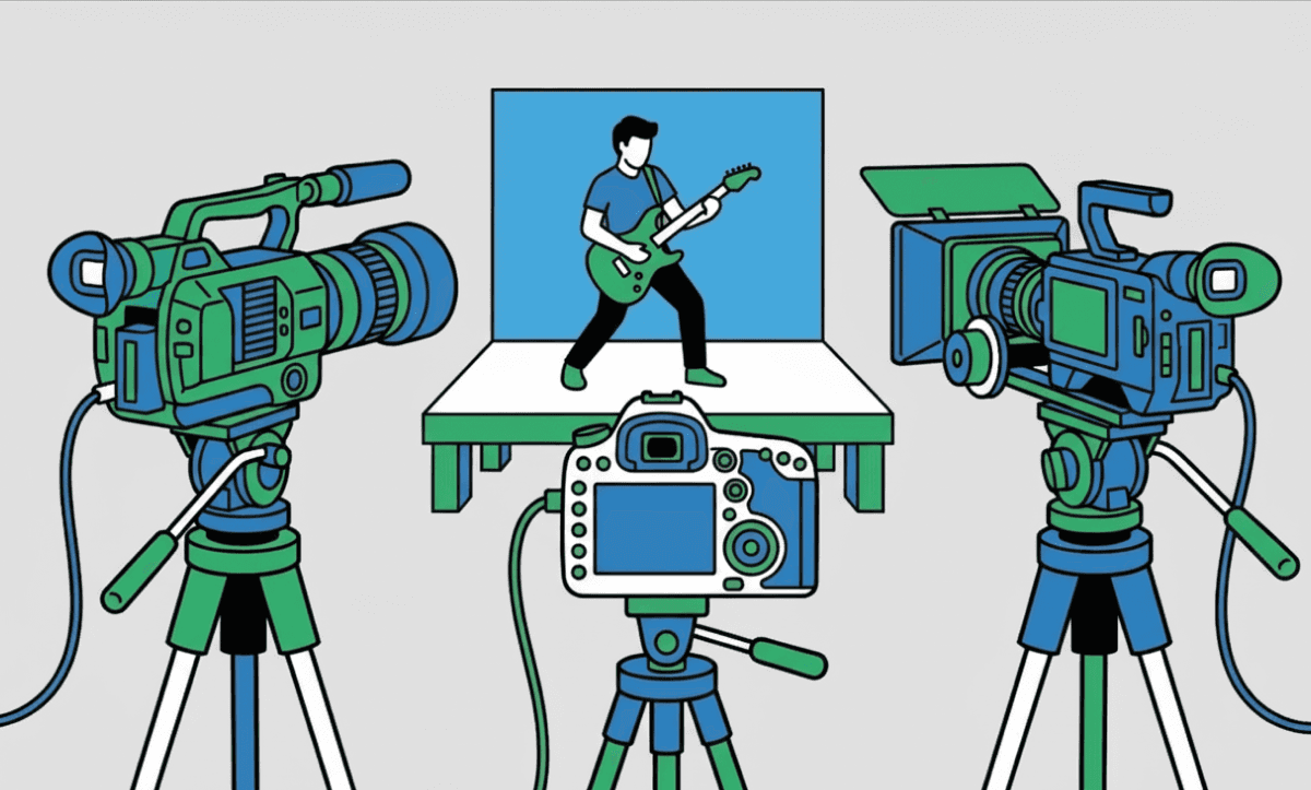 Illustration of a multi-camera video shoot showing several cameras recording a performer on stage, representing multicam editing workflows.