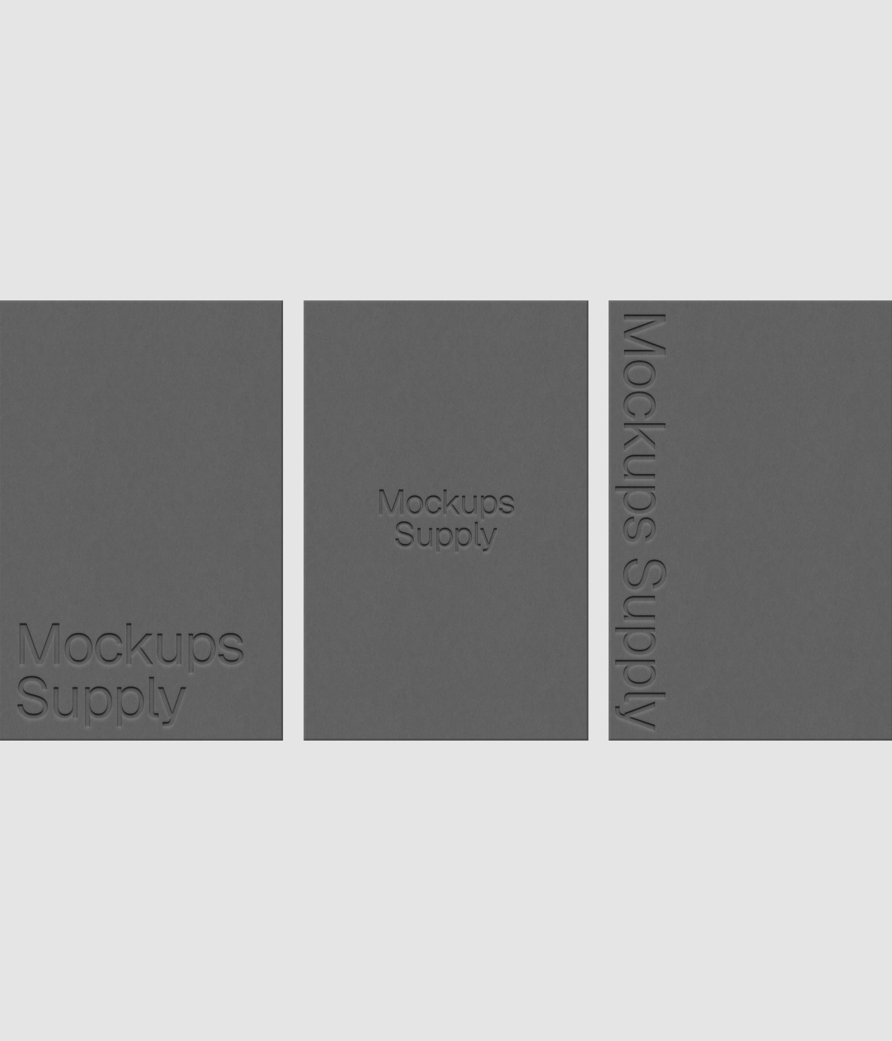 Three European business cards mockup PSD with debossed logo effect, gray cards on white background, clean modern stationery mockup for brand identity