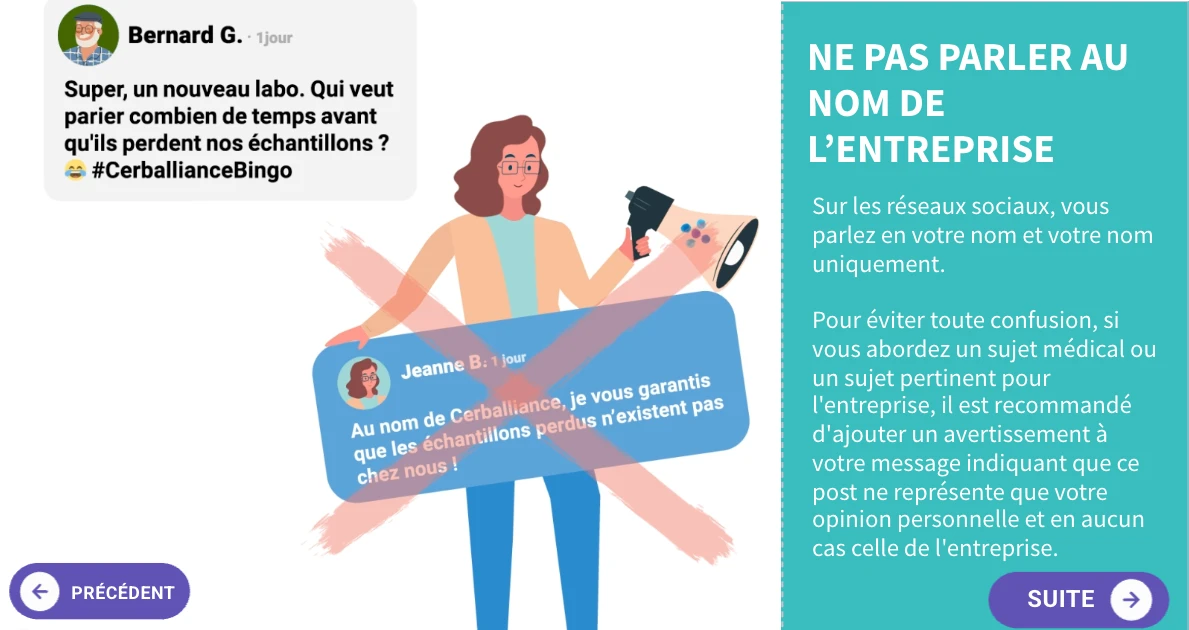 Un écran de conseil explique la distinction entre parole personnelle et parole au nom de l’entreprise.